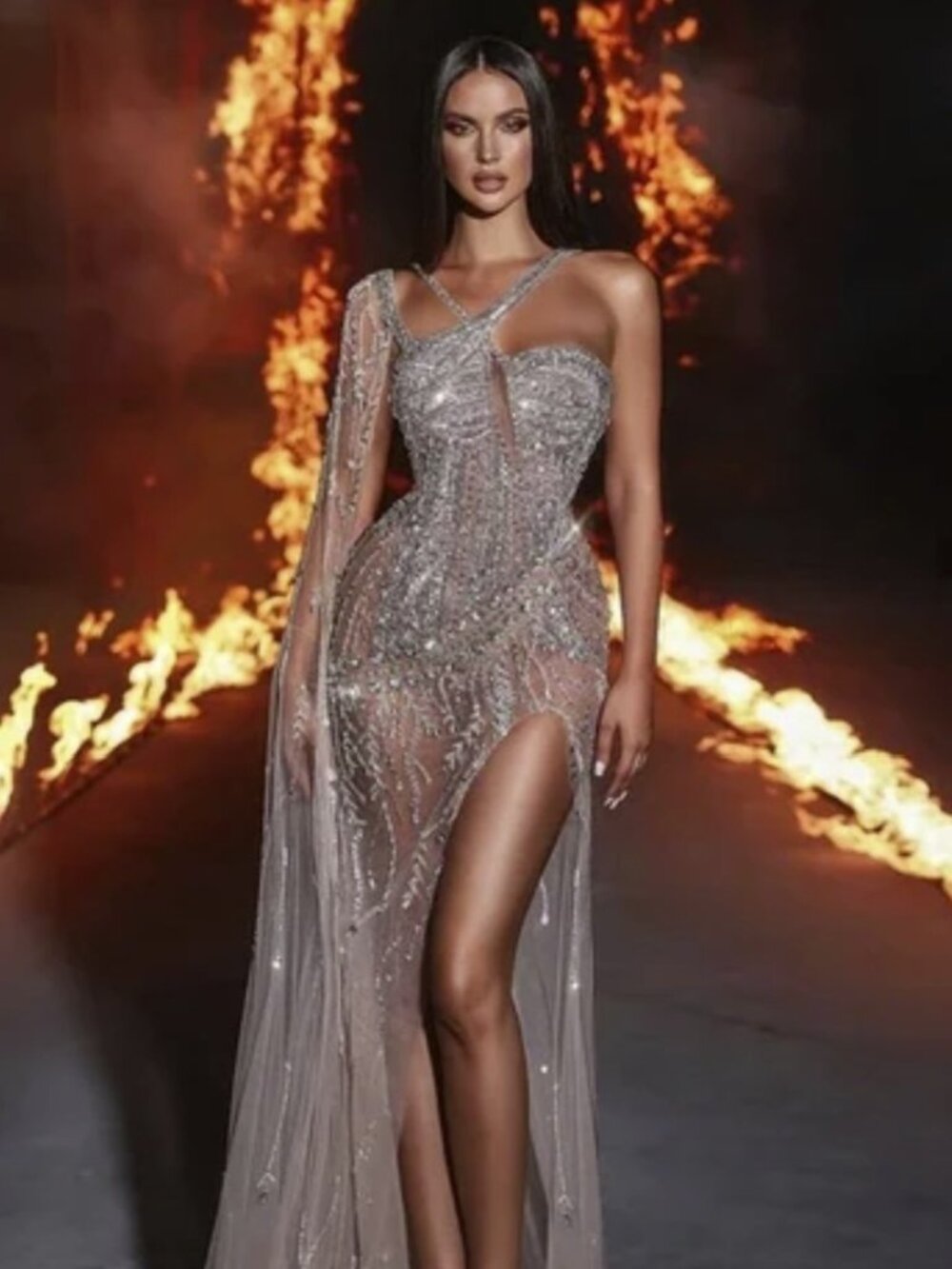 NEW WITHOUT TAGS - Ballbella Silver sequin high split gown w/cape